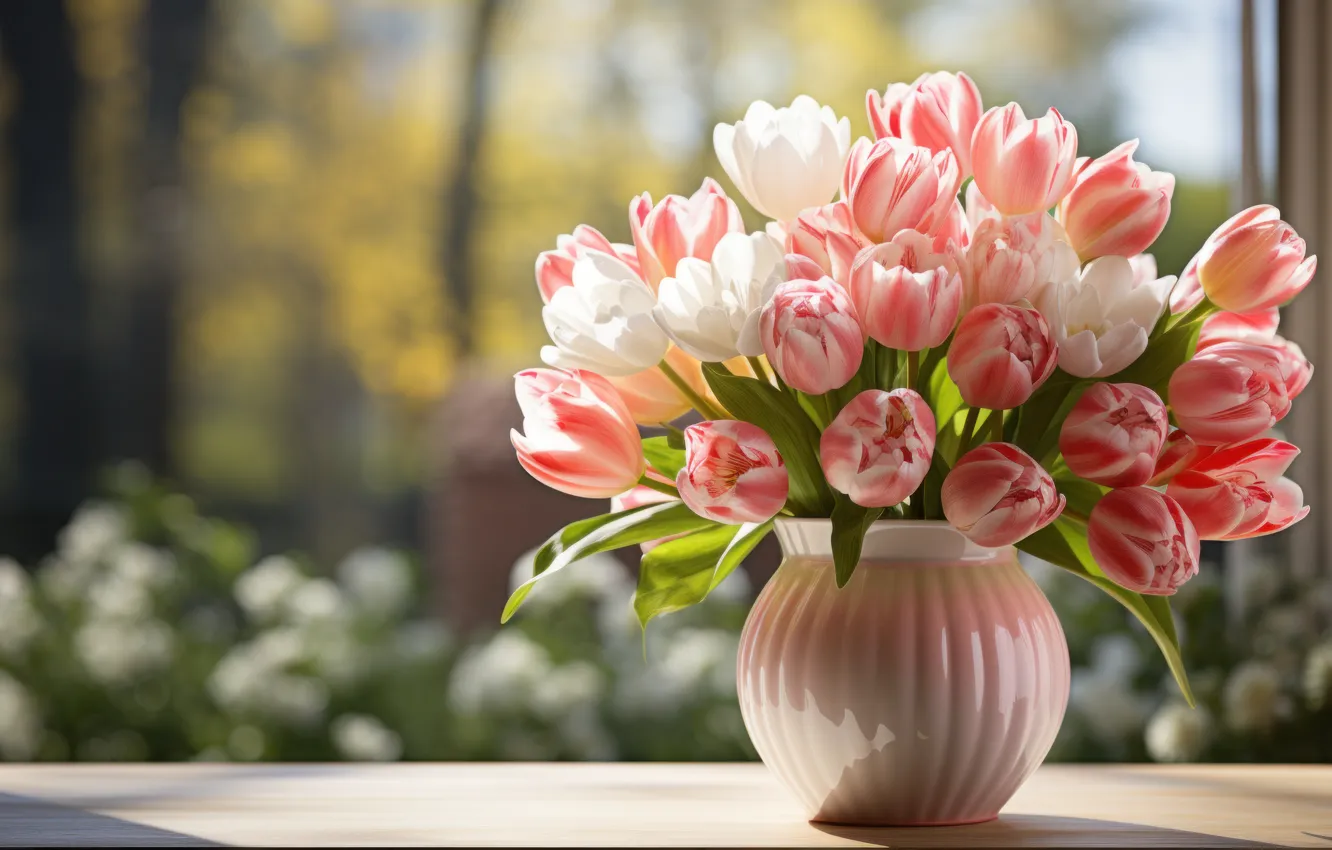 Фото обои цветы, букет, весна, тюльпаны, ИИ-арт, нейросеть