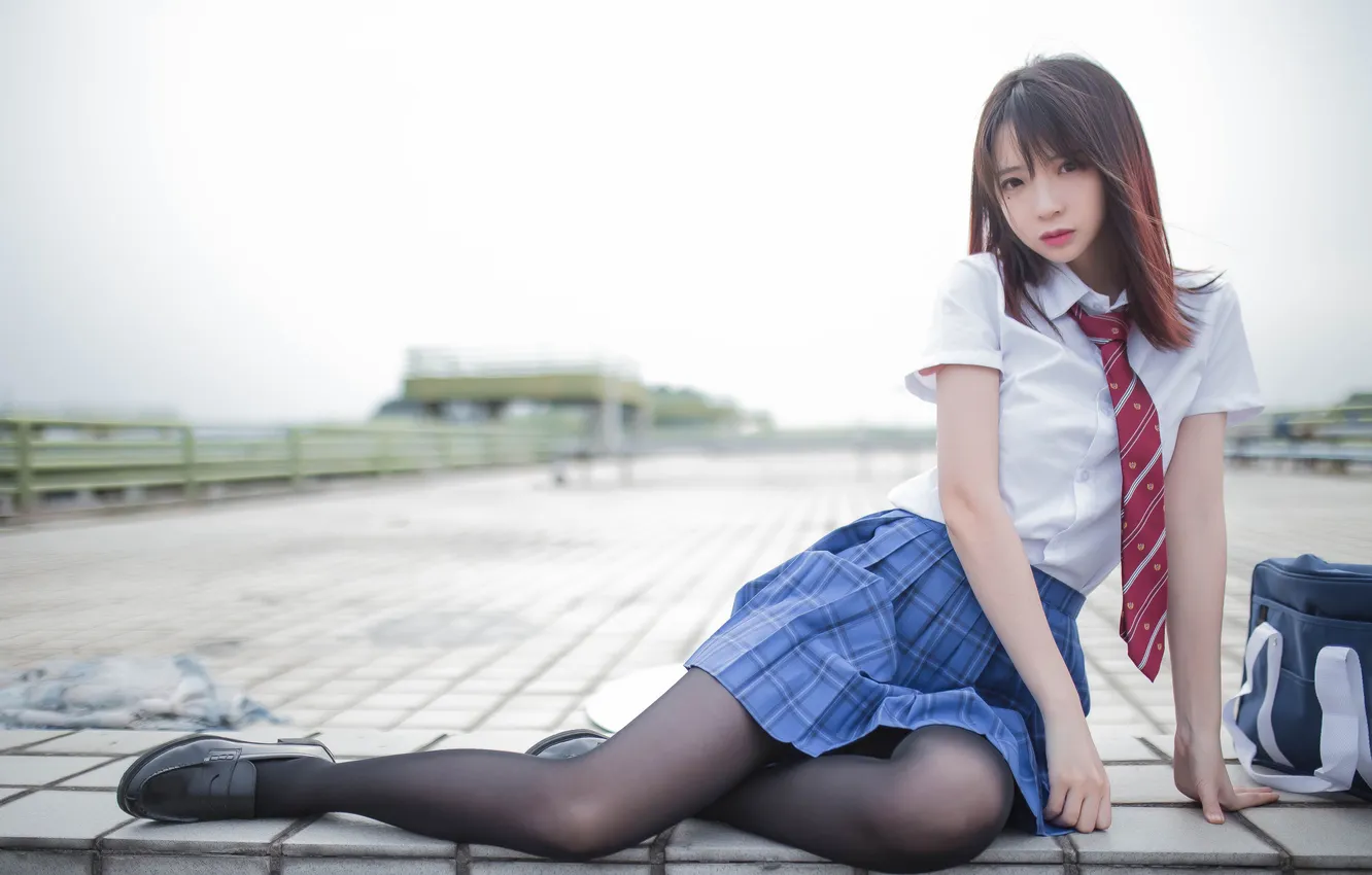 Фото обои Asian, school uniform, long hair, model, women, brunette, urban, women outdoors
