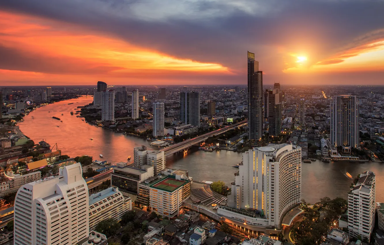 Фото обои city, город, река, дома, night, view, Bangkok