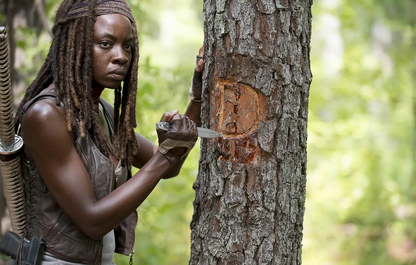 Фото обои дерево, нож, The Walking Dead, Ходячие мертвецы, Michonne, Danai Gurira