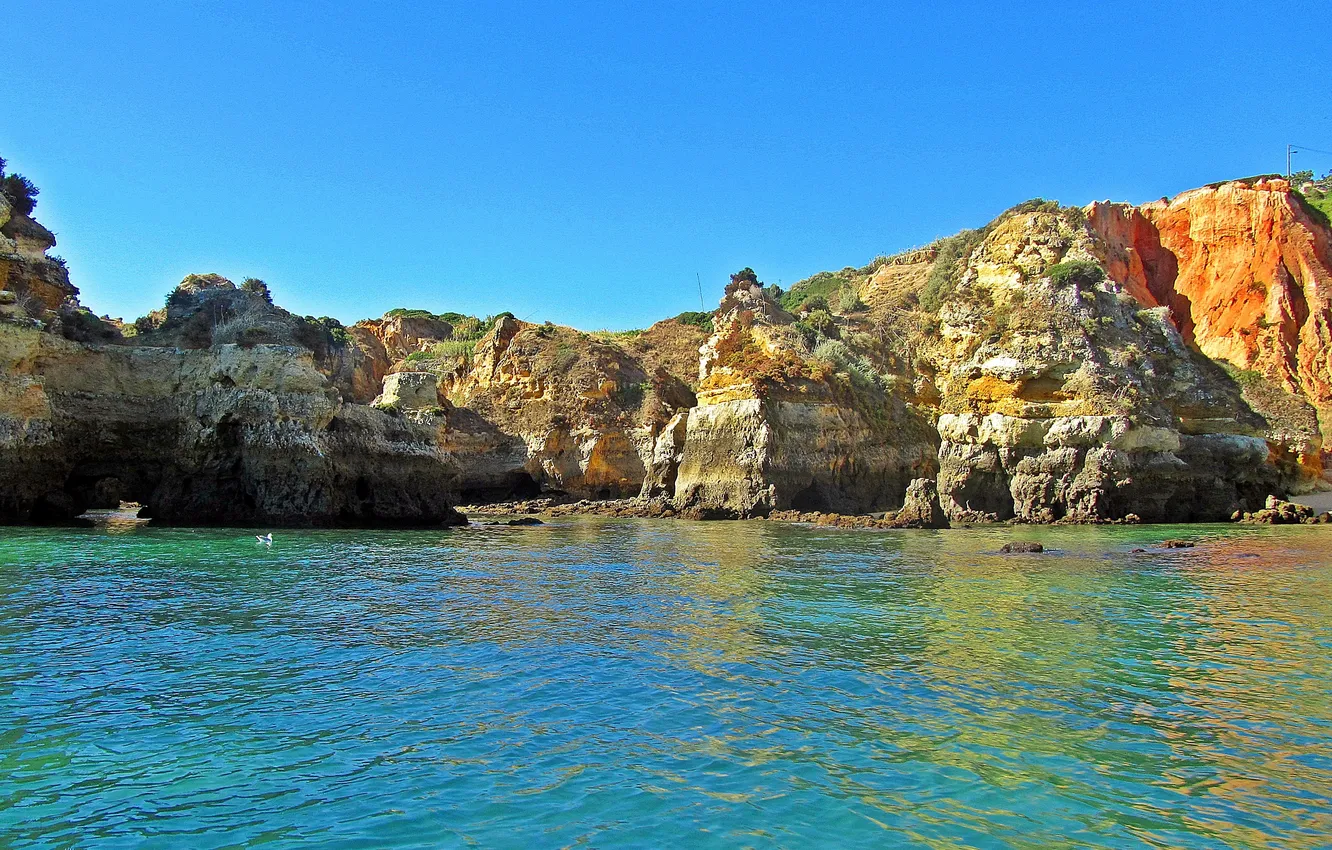 Фото обои море, скалы, берег, Португалия, лагуна, гроты, Лагос, Алгарве