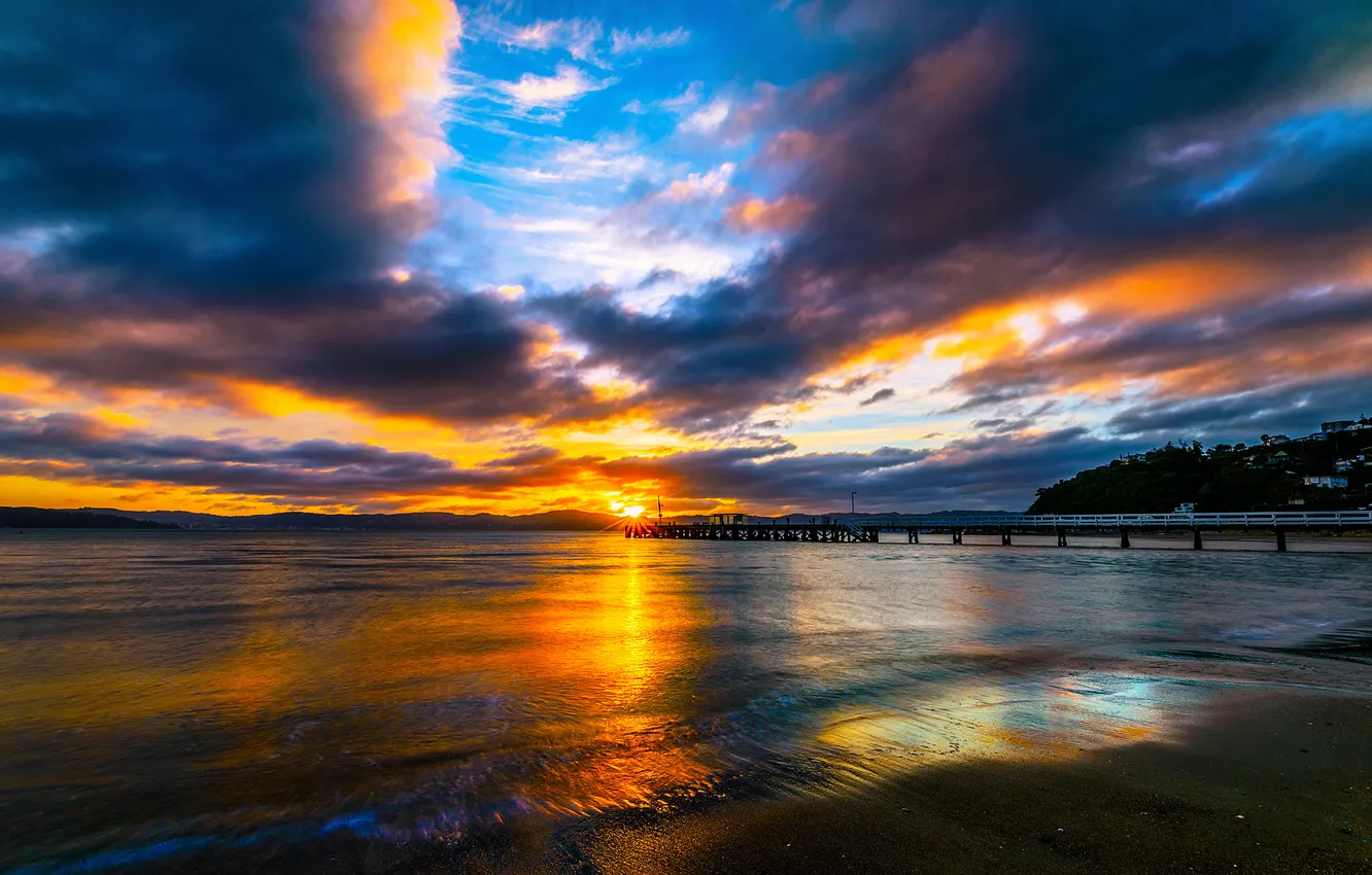 Фото обои море, закат, побережье, Новая Зеландия, пирс, Wellington