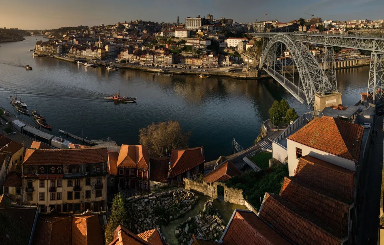 Фото обои мост, река, дома, панорама, Португалия, Порту