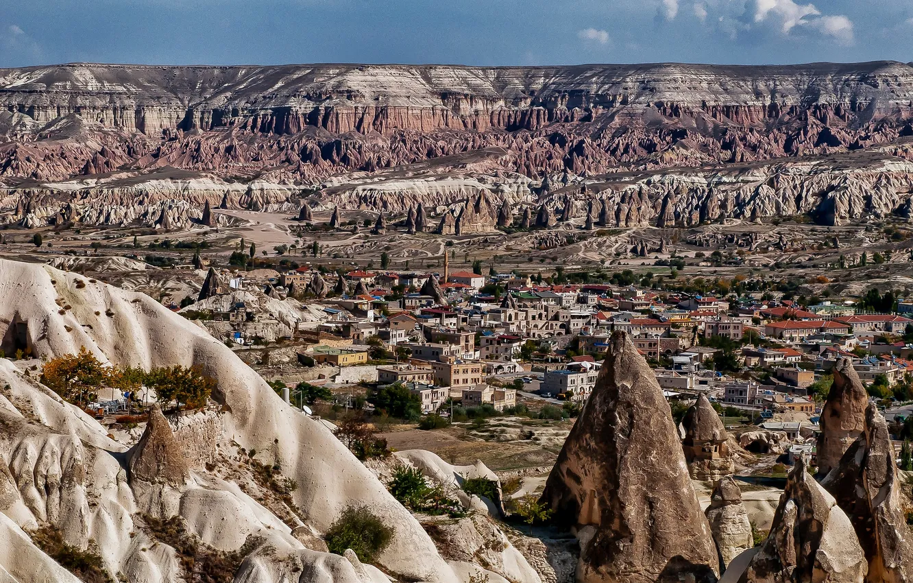 Фото обои горы, город, скалы, дома, долина, Турция, конус, Каппадокия