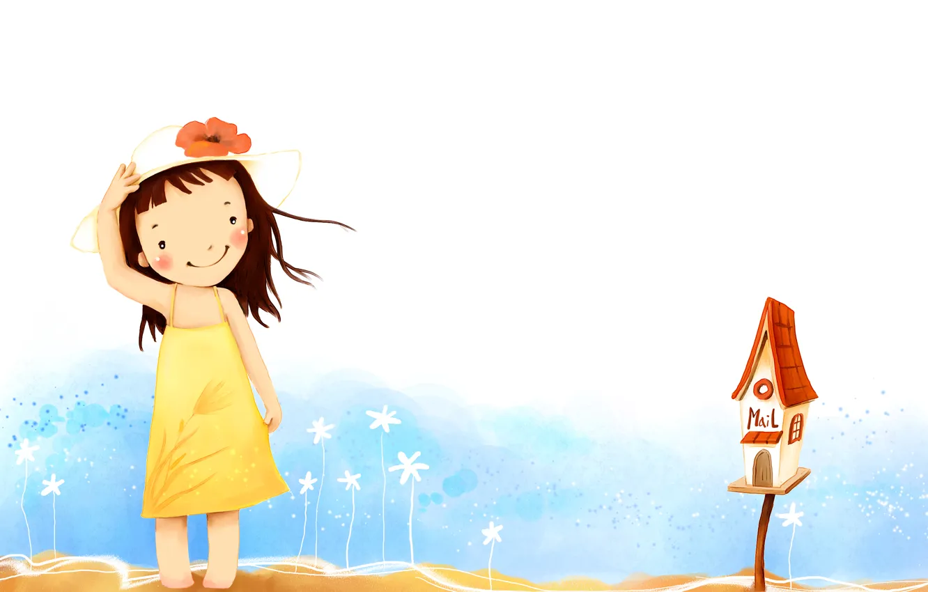 Фото обои цветы, улыбка, ветер, платье, девочка, шляпка, детские обои, почтовый ящик