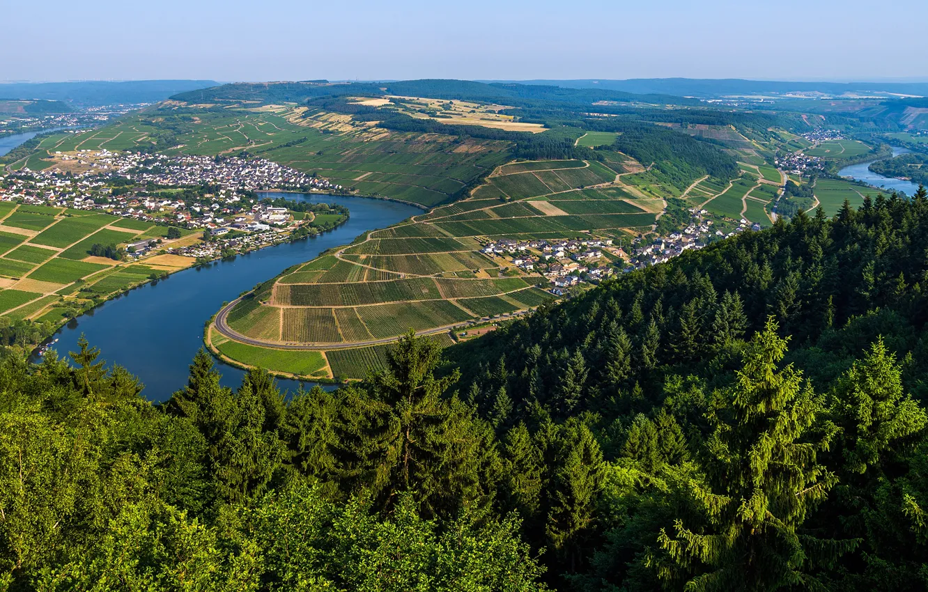 Фото обои зелень, небо, деревья, река, поля, дома, Германия, панорама