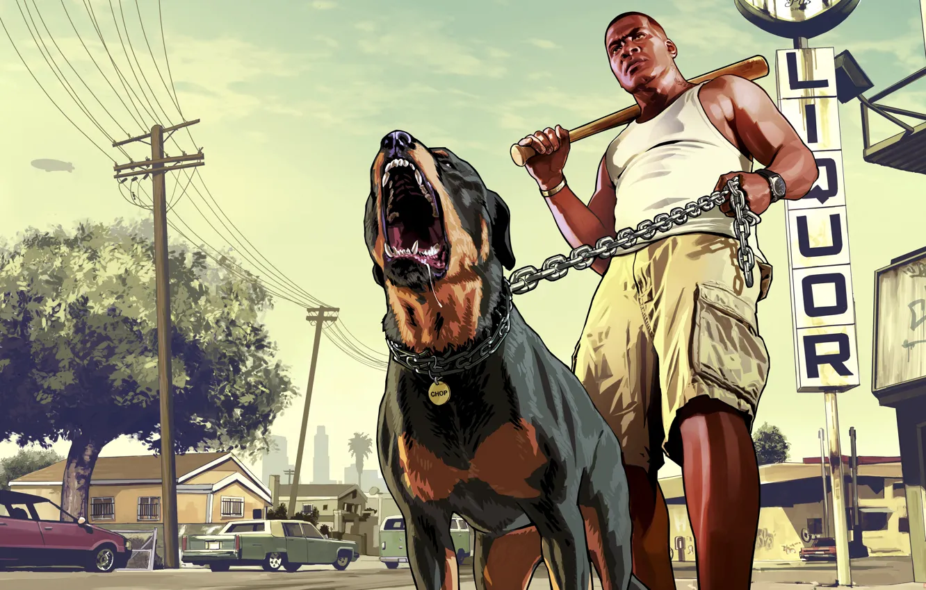 Фото обои мужик, пес, бита, ротвейлер, Grand Theft Auto V, лос сантос, Франклин, чоп