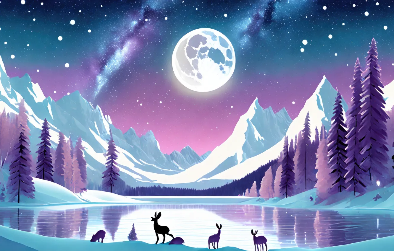 Фото обои холод, лес, животные, звезды, горы, озеро, луна, красота