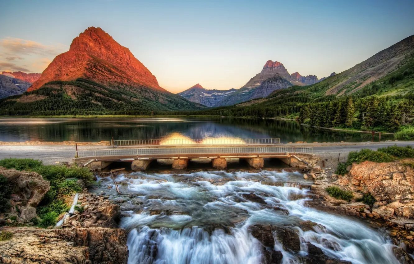 Фото обои горы, мост, природа, парк, река, фото, HDR, США