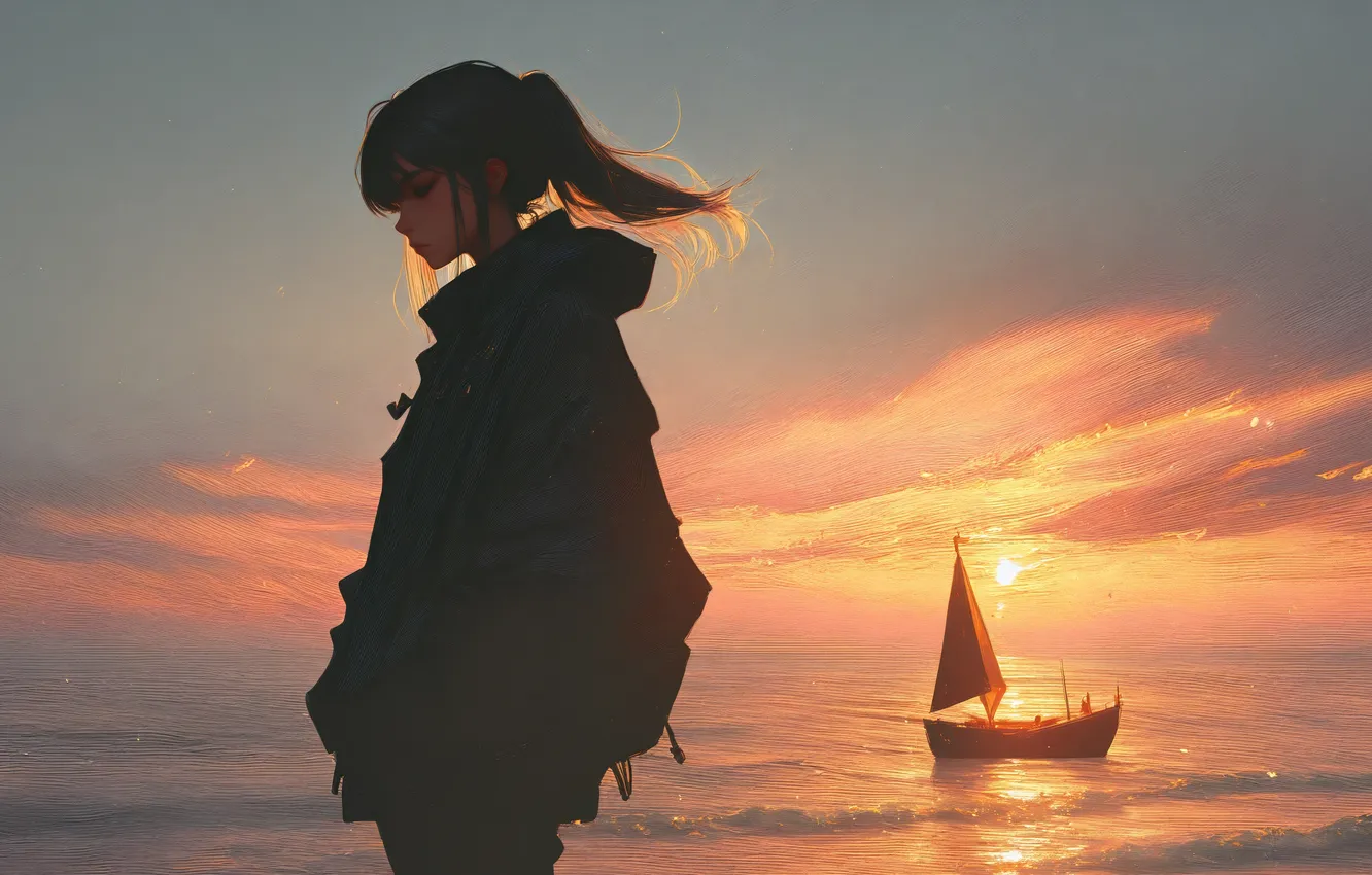 Фото обои girl, sea, sunset, anime, glow, silhouette, sailboat