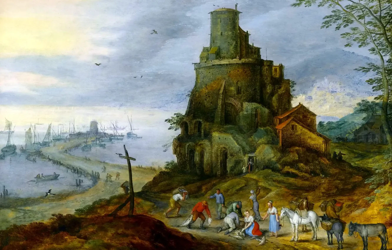 Фото обои пейзаж, люди, башня, картина, Ян Брейгель младший, Морской Берег с Руинами Замка