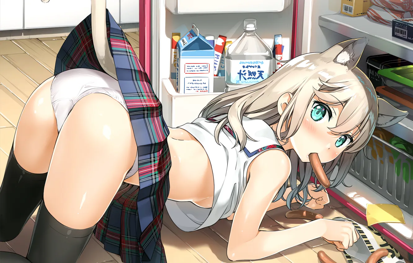 Фото обои girl, sexy, lingerie, ass, pantsu, panties, thighhighs, green eyes