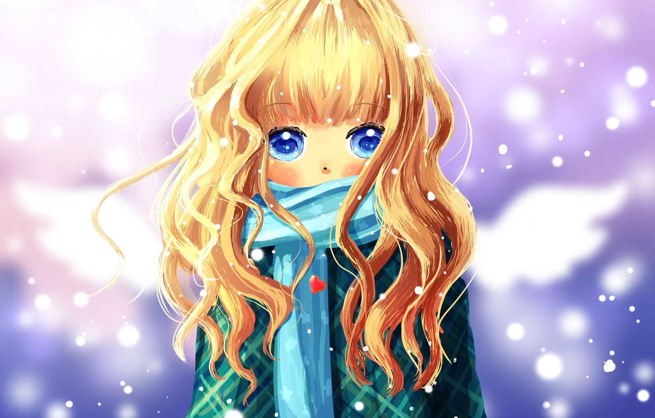 Фото обои снег, шарф, арт, девочка, сердечко