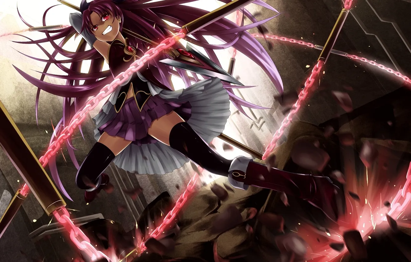 Фото обои девушка, камни, магия, ярость, цепь, красные глаза, mahou shoujo madoka magica