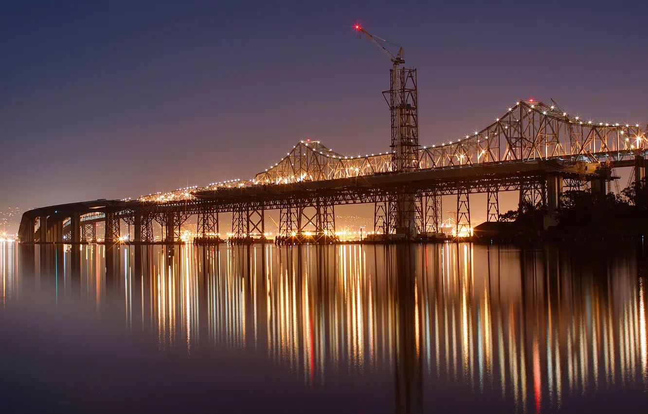 Фото обои ночь, огни, река, Мост