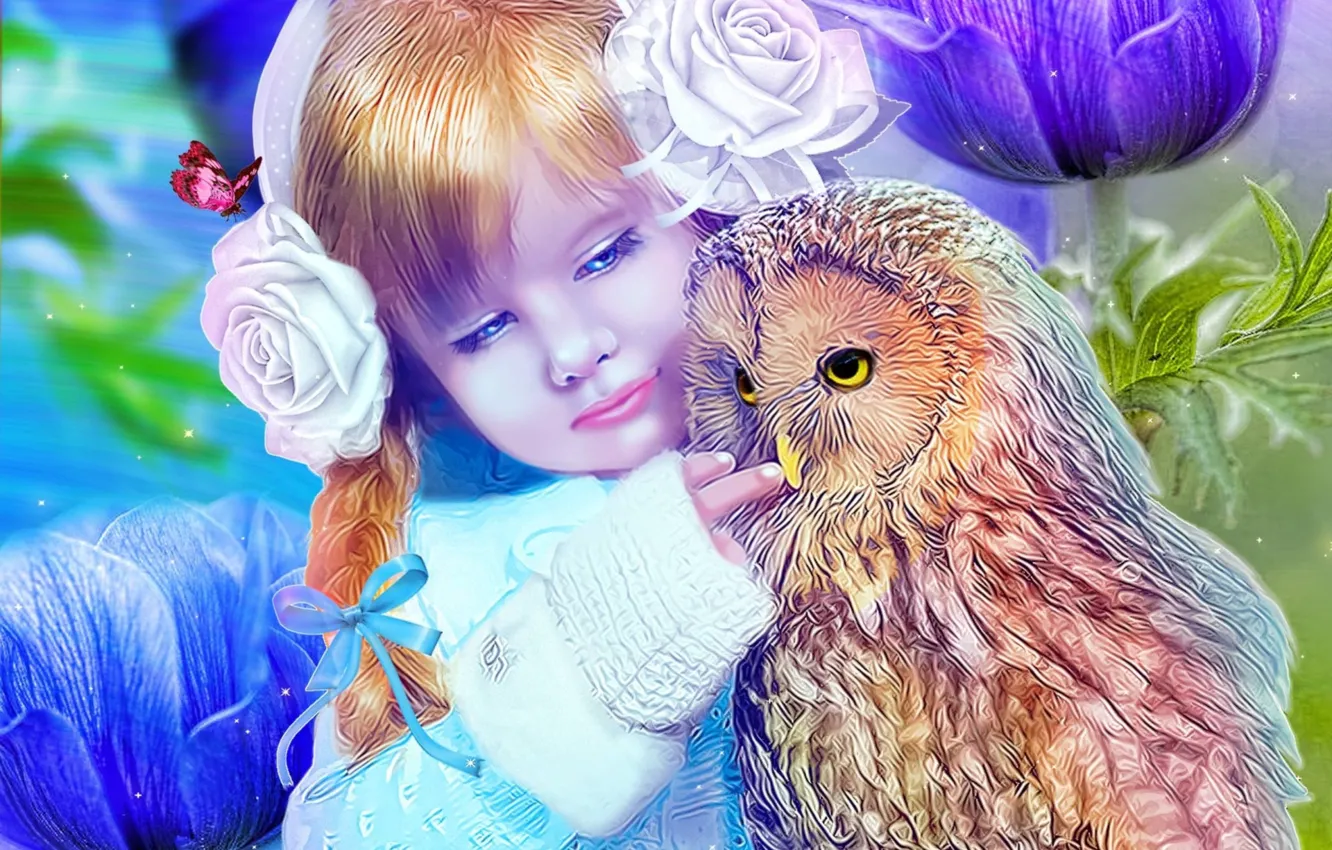 Фото обои сова, девочка, ребёнок