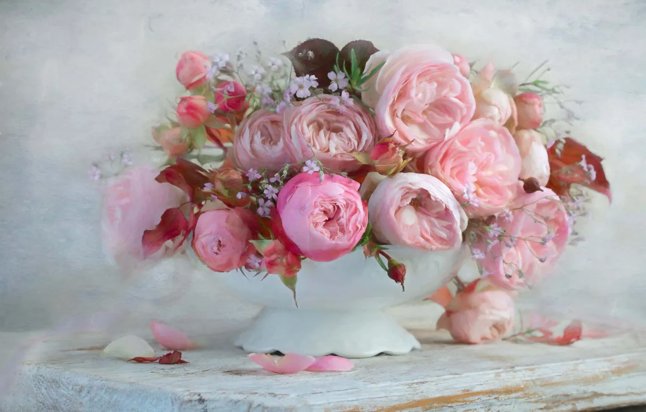 Фото обои цветы, стол, розы, обработка, розовые, натюрморт