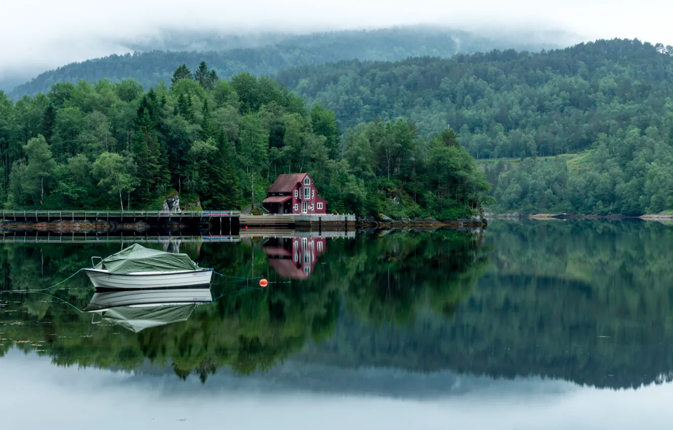 Фото обои лес, деревья, туман, озеро, дом, лодка, Пейзажи