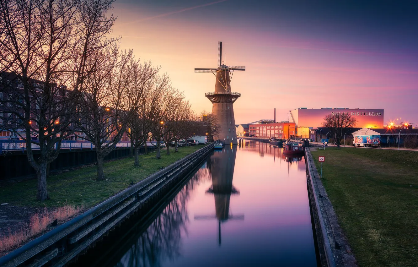 Фото обои закат, город, канал, Нидерланды, Голландия, Schiedam