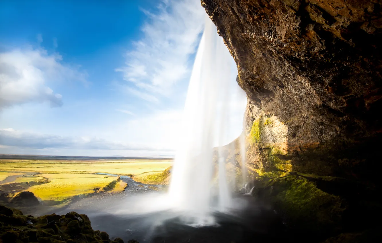Фото обои горы, природа, водопад, Iceland, Seljalandsfoss