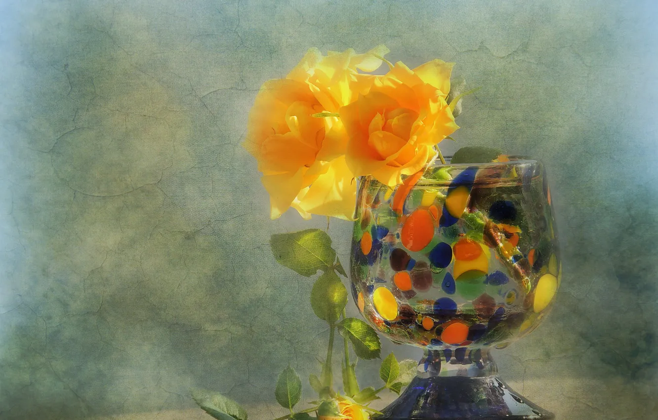 Фото обои цветы, стиль, розы, текстура, ваза, жёлтые розы