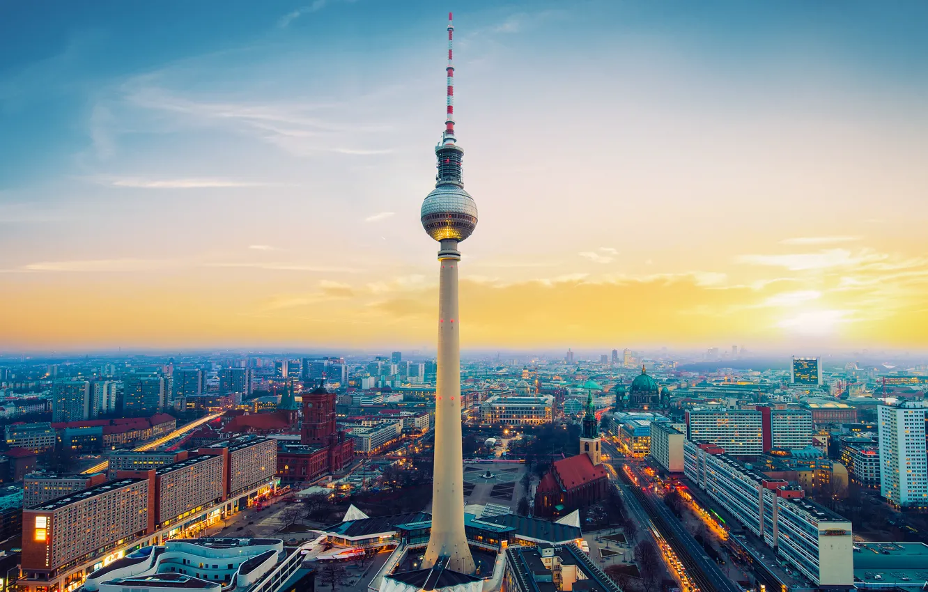 Фото обои city, tower, sunset, Berlin, Fernsehturm