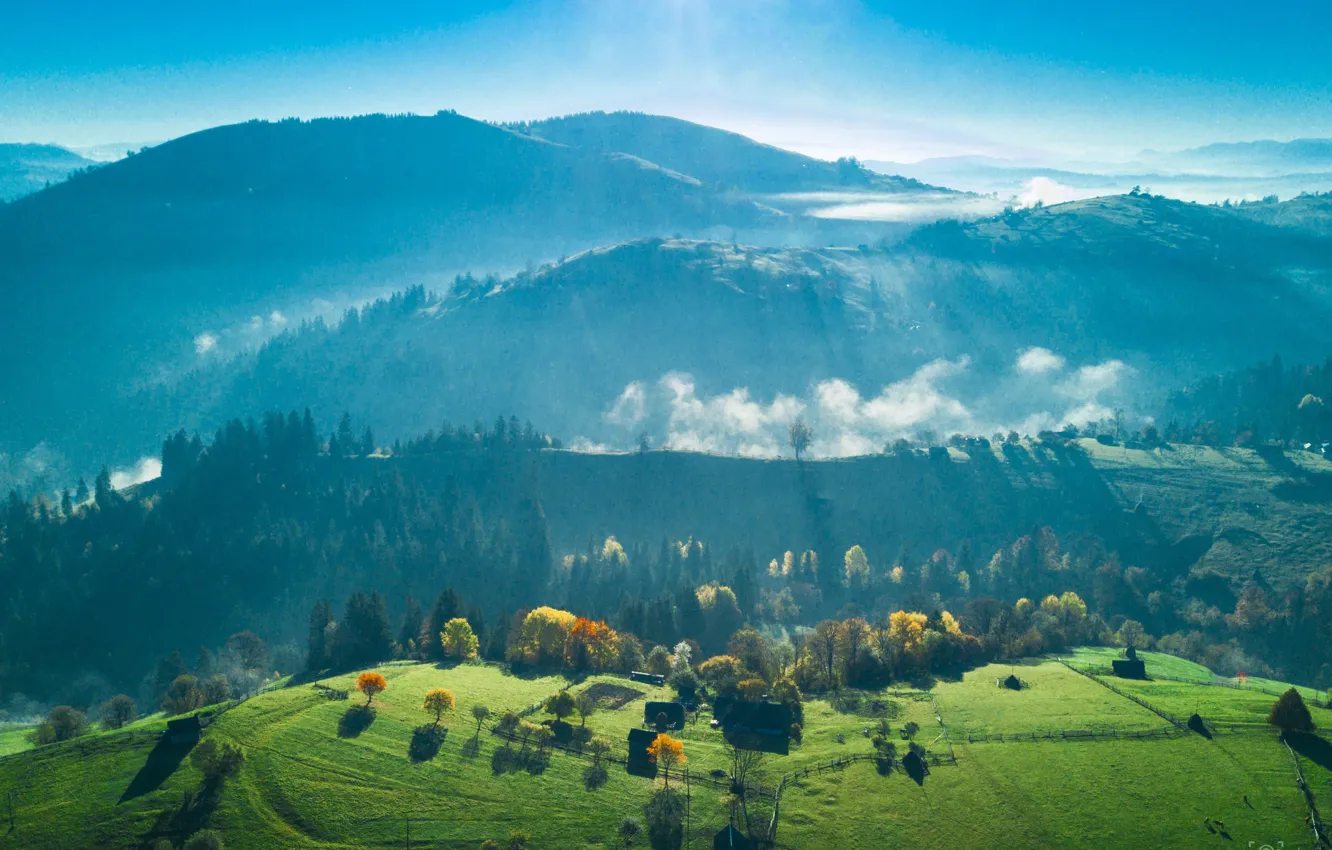 Фото обои зелень, трава, солнце, лучи, деревья, горы, долина