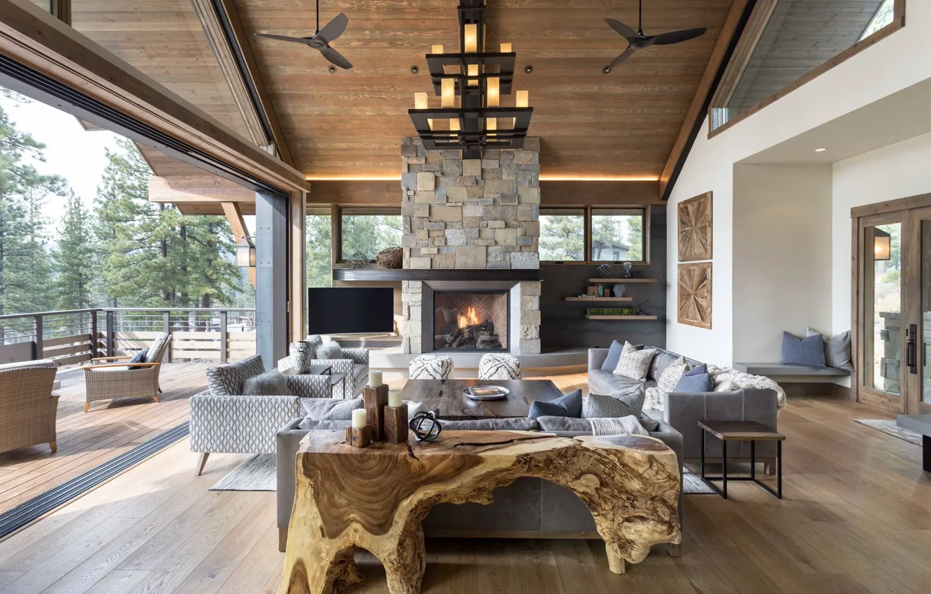 Фото обои вилла, интерьер, камин, терраса, гостиная, Modern Lodge