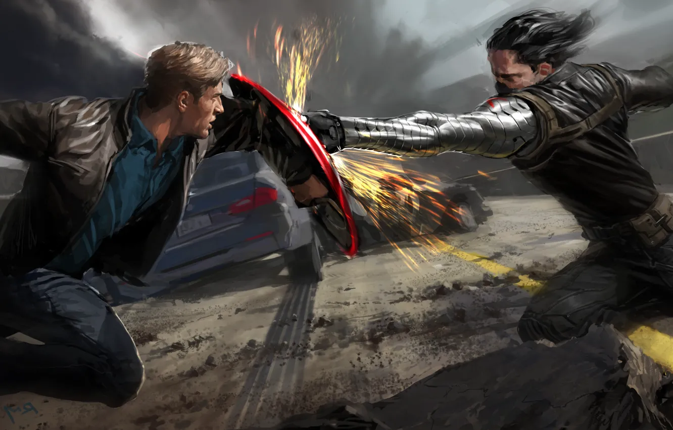 Фото обои бой, арт, искры, удар, битва, щит, комикс, Captain America