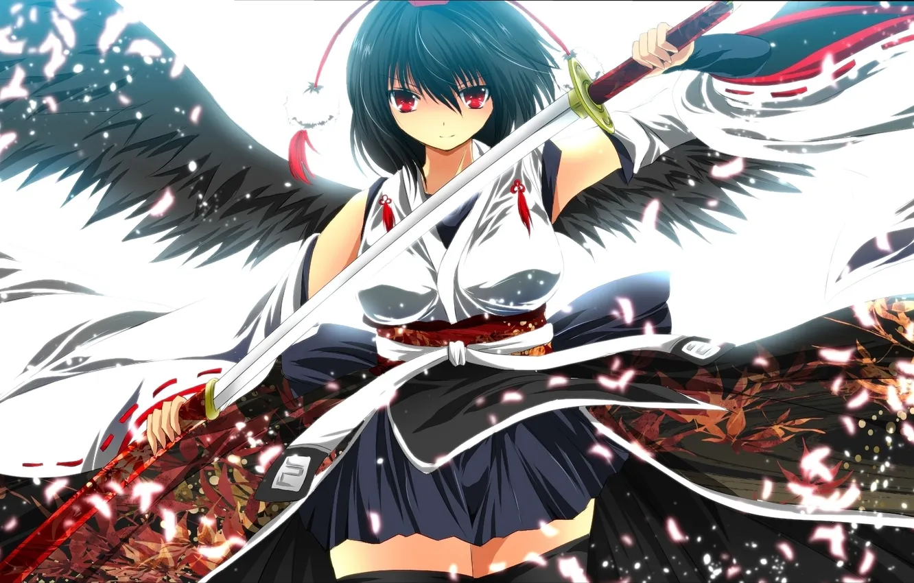 Фото обои девушка, оружие, крылья, катана, лепестки, арт, touhou, shameimaru aya