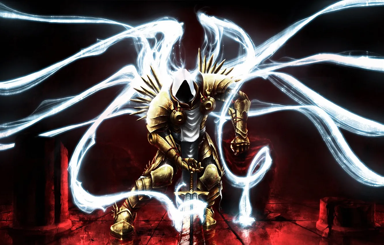 Фото обои свет, крылья, меч, капюшон, Diablo, Fan Art, lll