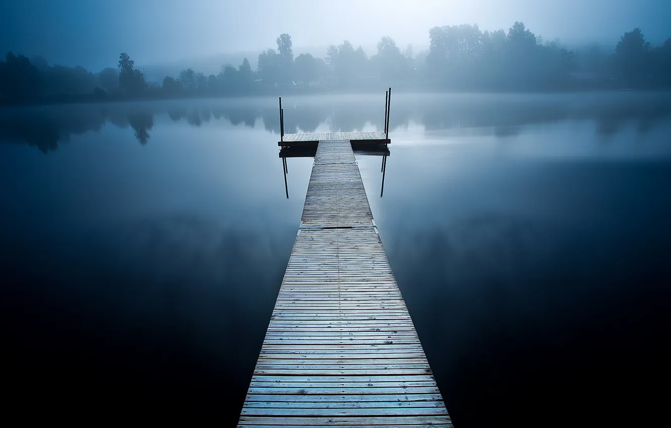 Фото обои пейзаж, мост, туман, озеро