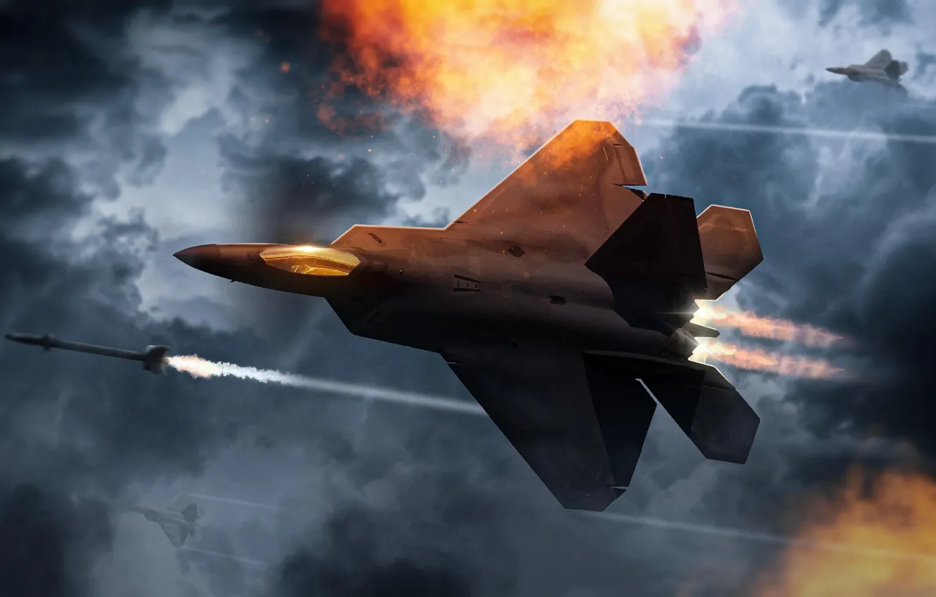 Фото обои Flight, F22, Raptor, Airplane, Bomber, Rocket