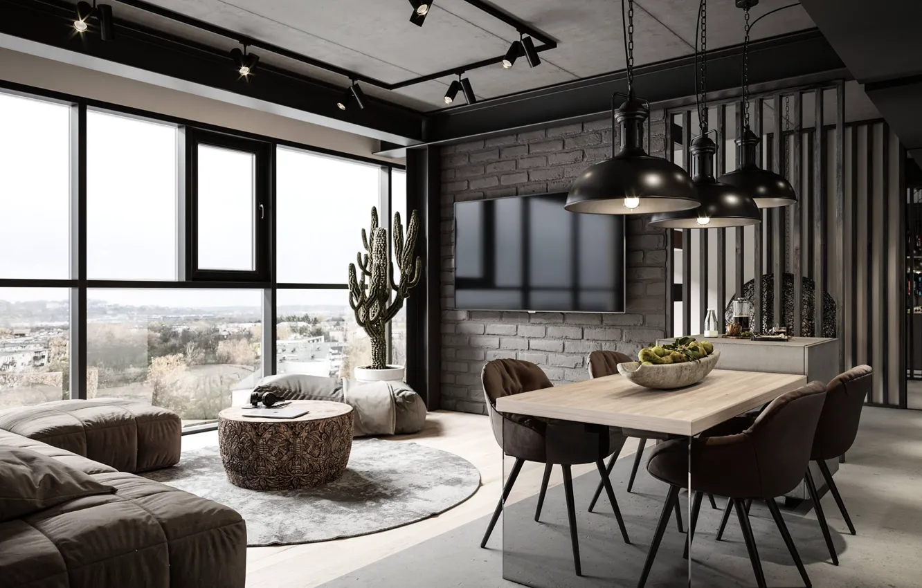Фото обои дизайн, стиль, интерьер, столовая, lighting, industrial style