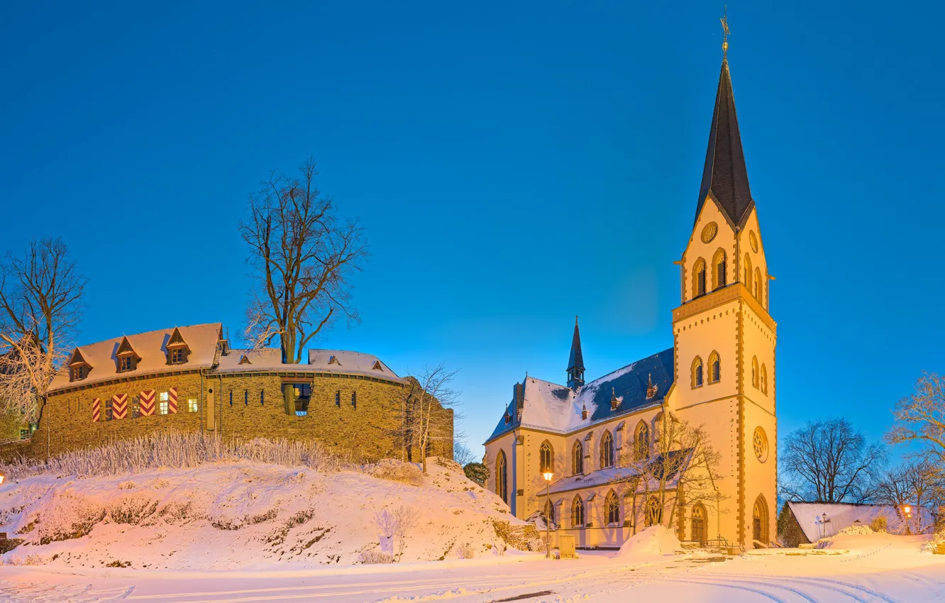Фото обои зима, замок, Германия, церковь, Kastellaun, Rhineland-Palatinate