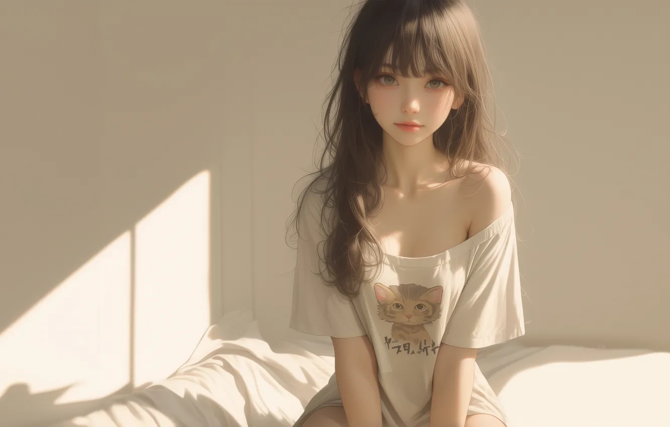 Фото обои anime, women, brunette, sunlight, illustration, AI art, oversized T-shirt