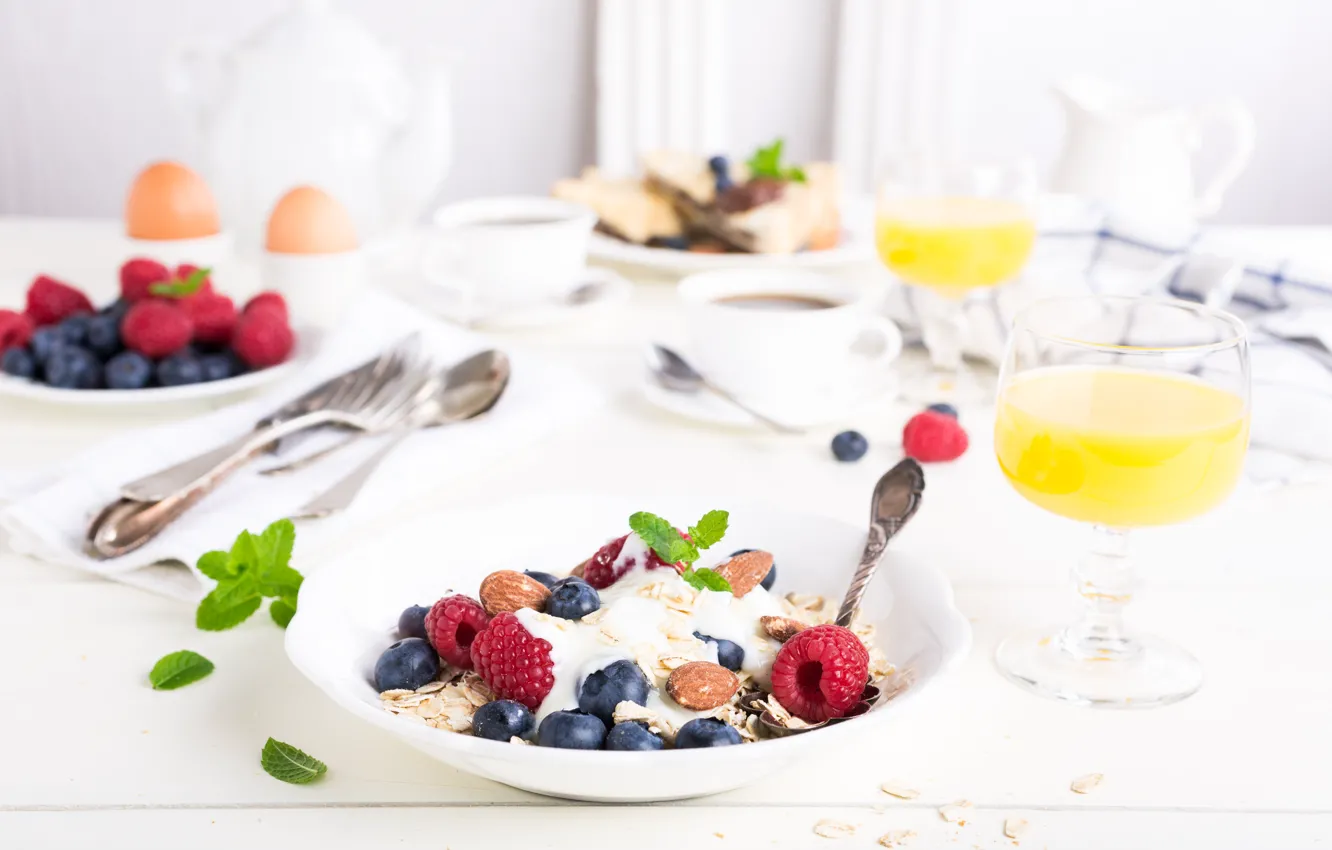 Фото обои ягоды, кофе, завтрак, сок, йогурт, апельсиновый, овсяные хлопья, Iryna Melnyk