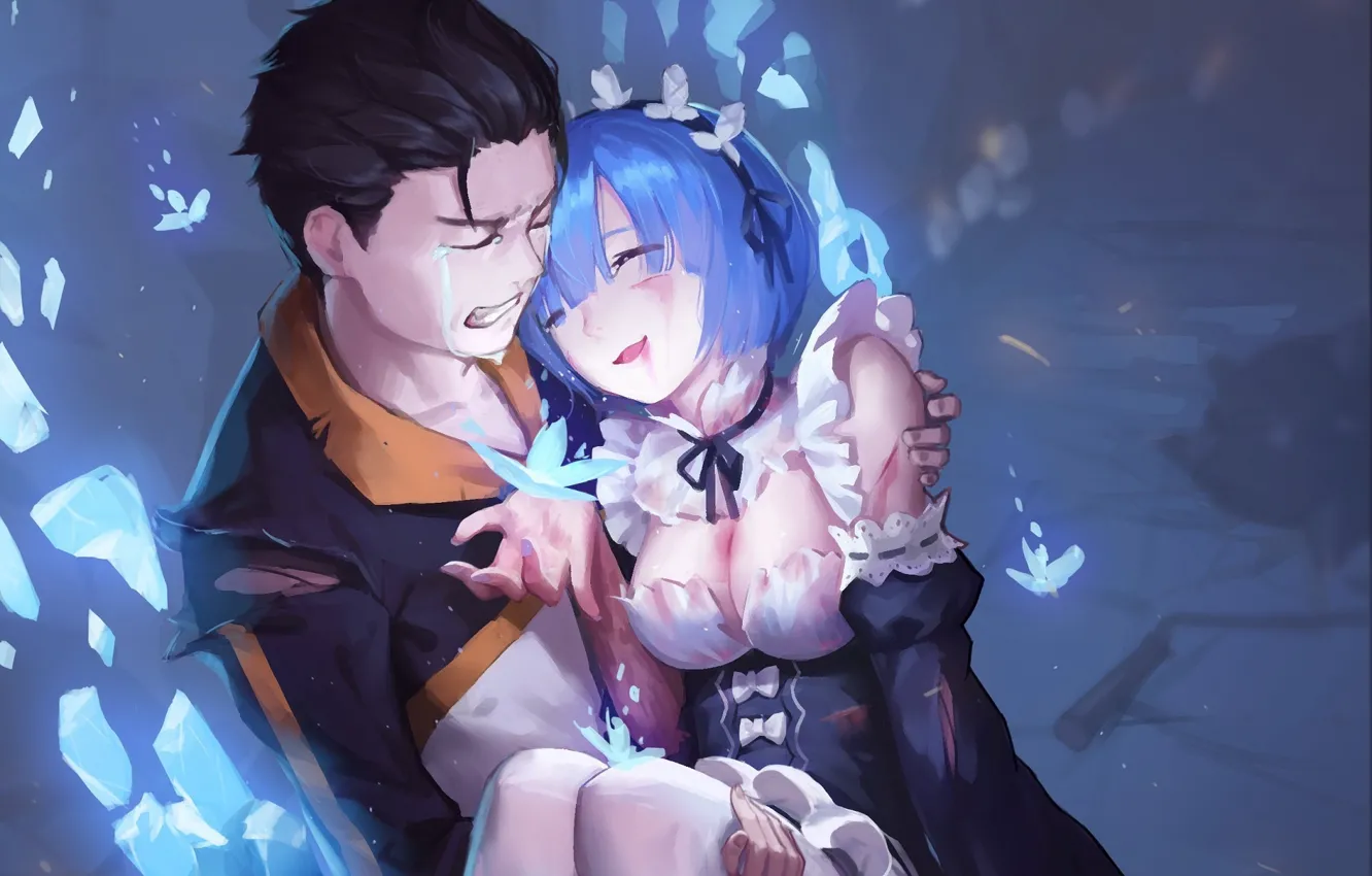 Фото обои аниме, арт, драма, Субару, rem, re zero kara hajimeru isekai seikatsu, Рем, natsuki subaru