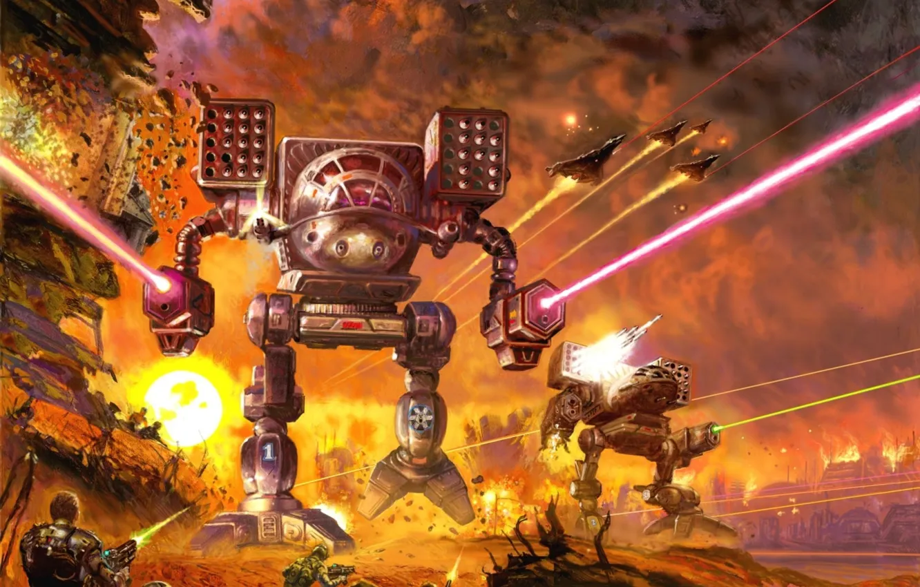 Фото обои fire, robot, war, explosions, battle, battletech