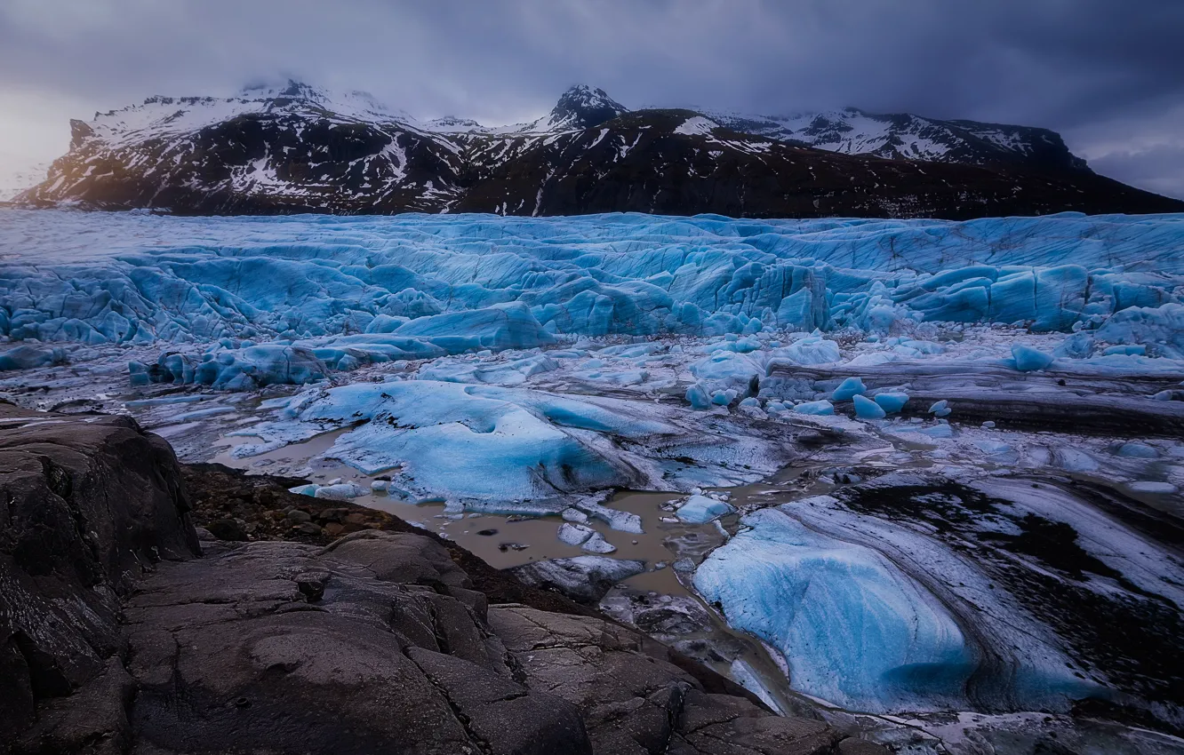 Фото обои лед, зима, горы, камни, голубой, берег, вершины, лёд