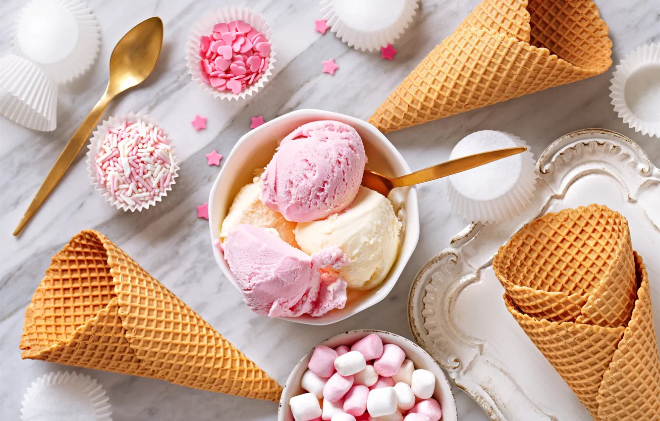 Фото обои сладости, мороженное, десерт, маршмеллоу, вафельный рожок