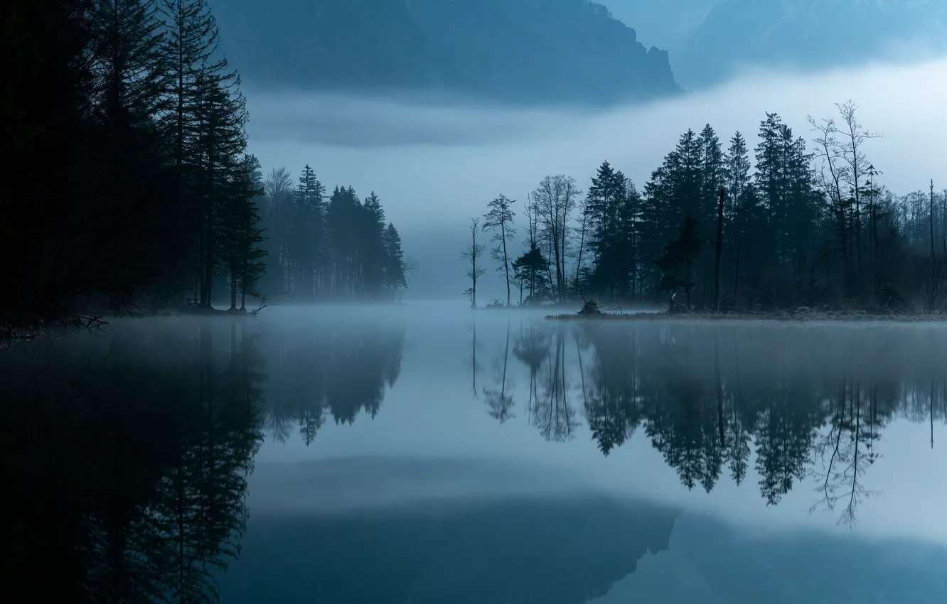 Фото обои dark, river, trees, landscape, nature, water, mountains, reflection