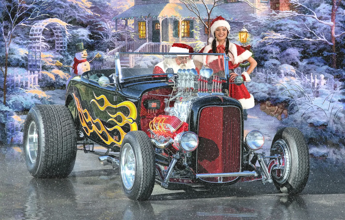 Фото обои зима, праздник, Новый Год, снегурочка, санта клаус, hot-rod, classic car