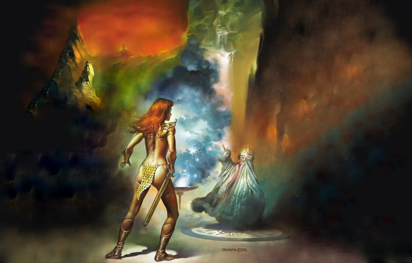 Фото обои Колдун, Red Sonja, Рыжая Соня, Борис Вальехо, Boris Vallejo, Бронебикини