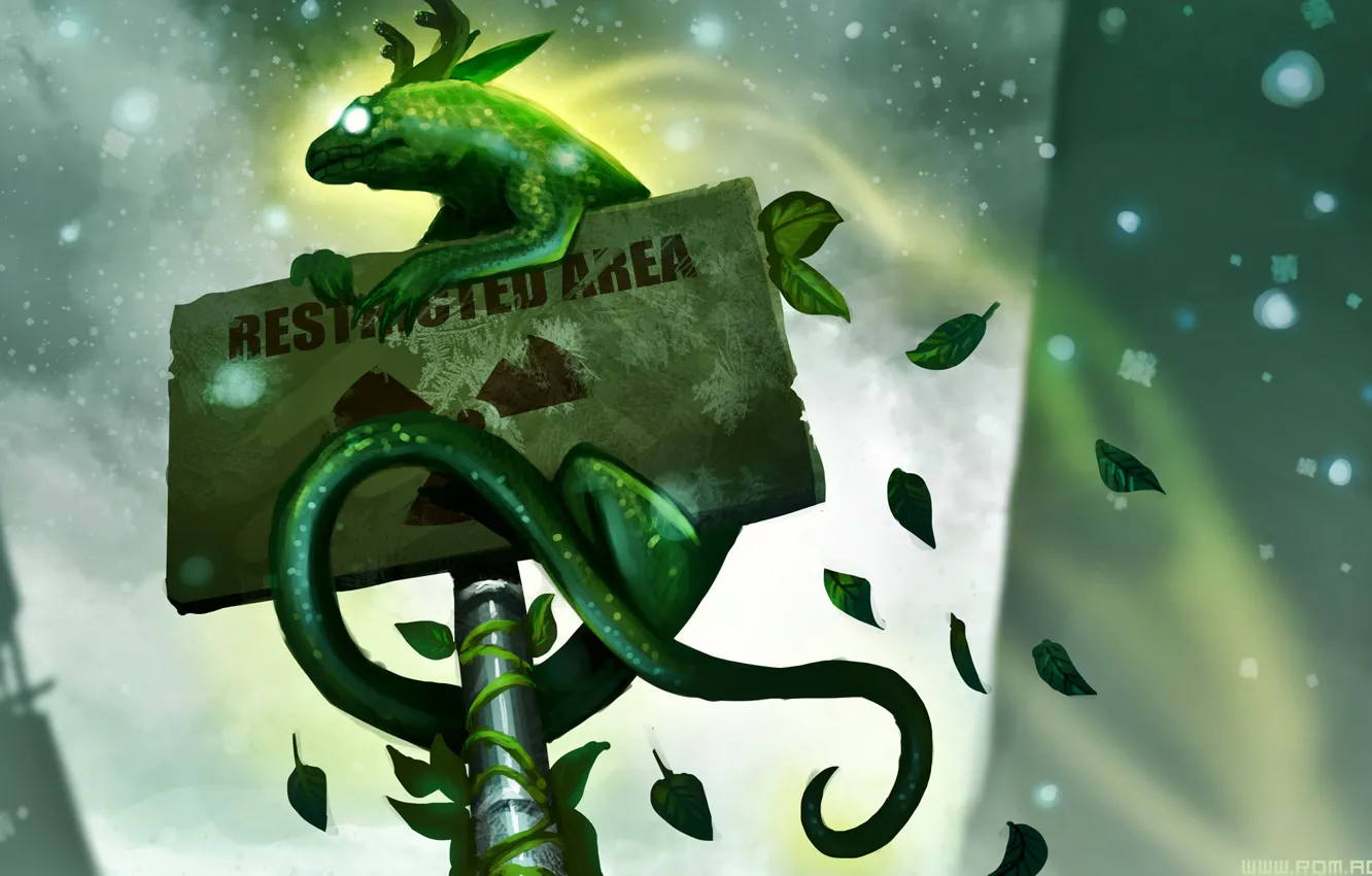 Фото обои листья, зеленый, знак, табличка, монстр, существо, ящерица, арт