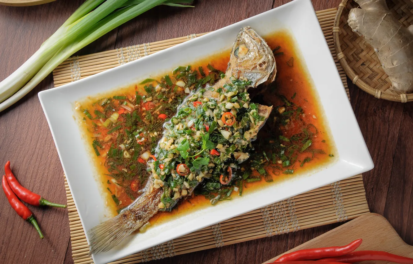 Фото обои зелень, еда, рыба