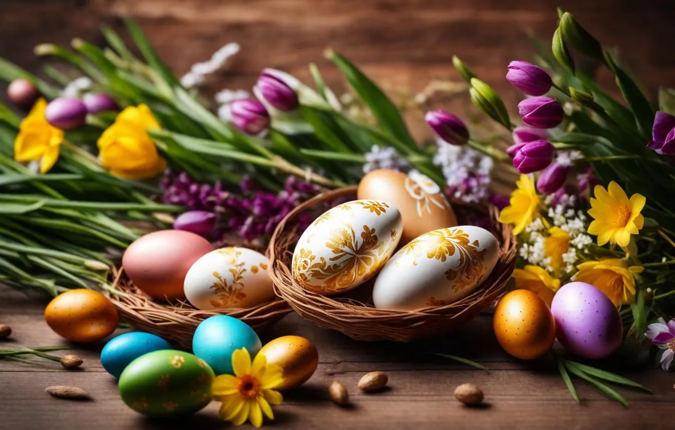 Фото обои цветы, яйца, весна, colorful, Пасха, happy, flowers, spring