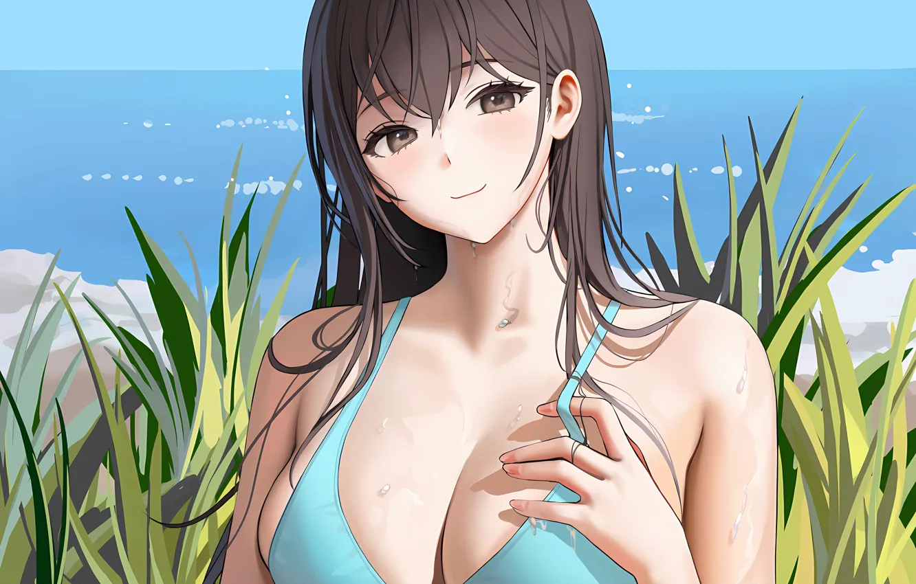 Фото обои girl, grass, sexy, wet, cleavage, beach, sky, long hair