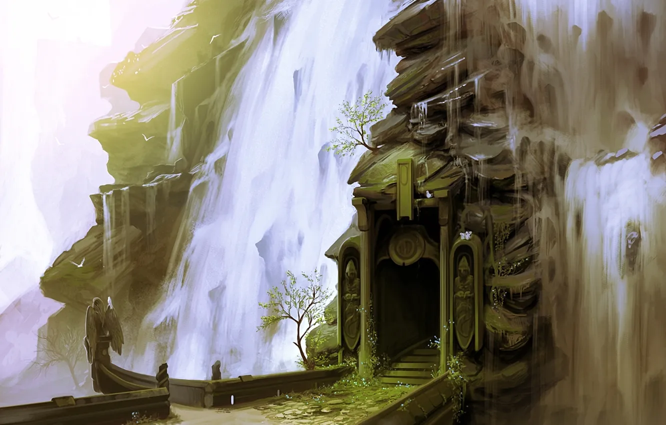 Фото обои зелень, вода, цветы, водопад, арт, арка, проем, ступеньки