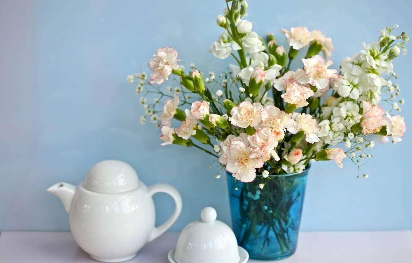 Фото обои белый, цветы, голубой, чайник, чашка
